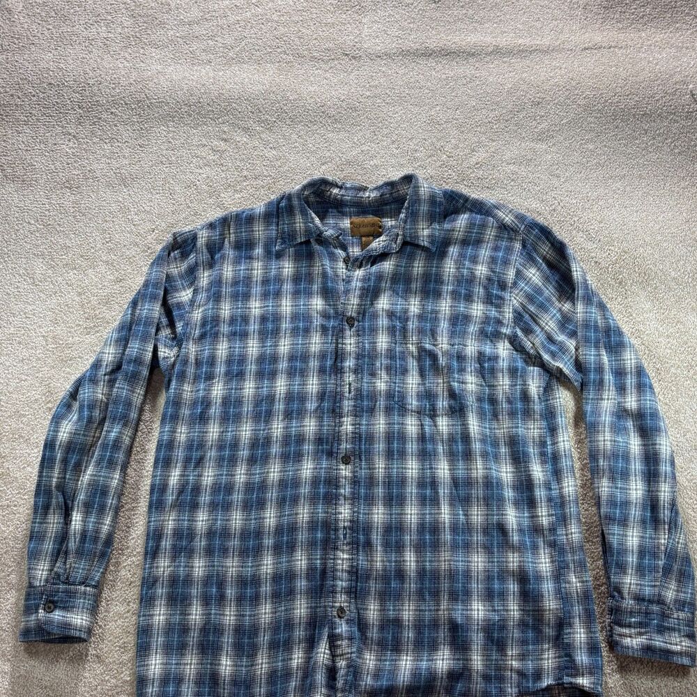 St Johns Bay Flannel Shirt Mens L Blue Plaid Button Front Long Sleeve
